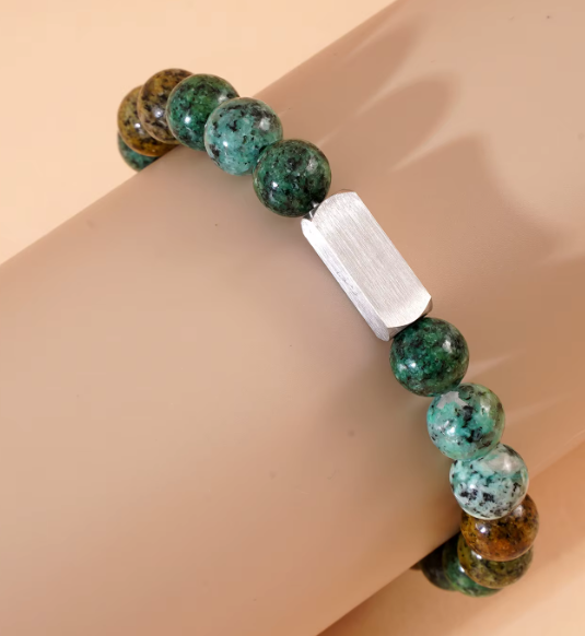 Natural Stone Beaded Bracelet with Engraving Square