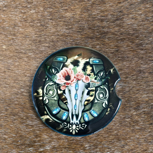 Longhorn With Flowers Car Coaster